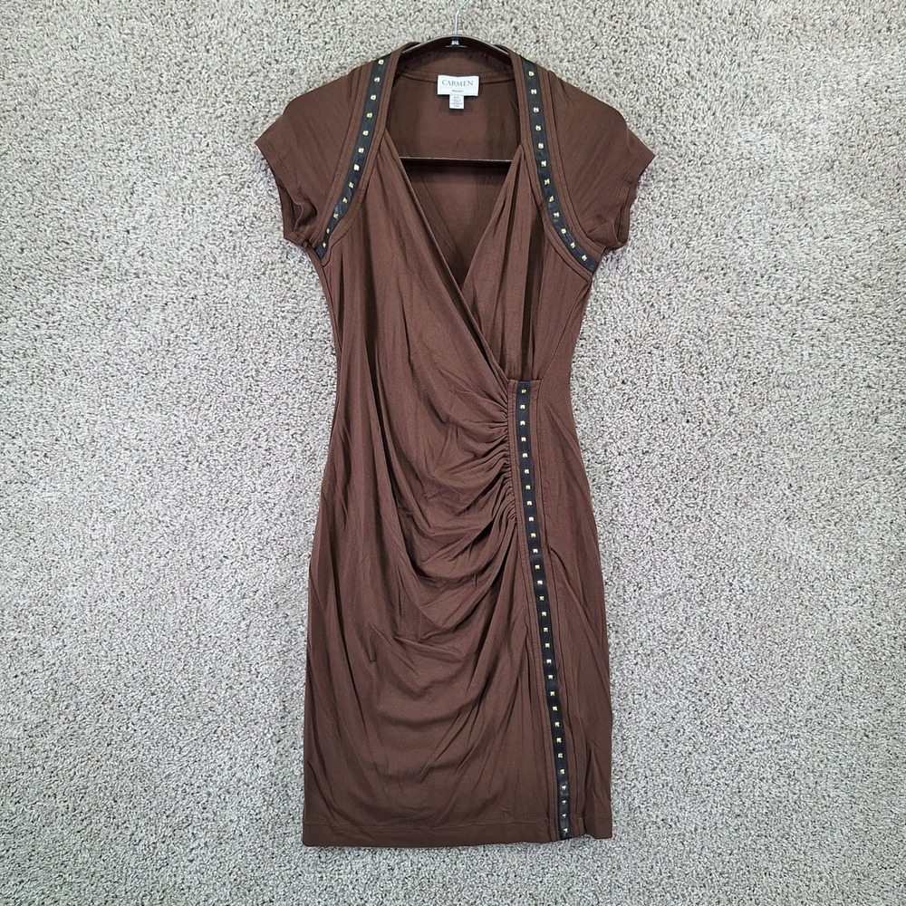 Carmen Marc Valvo Dress Womens Small Brown Faux Leather Studded Wrap Ruched Chic